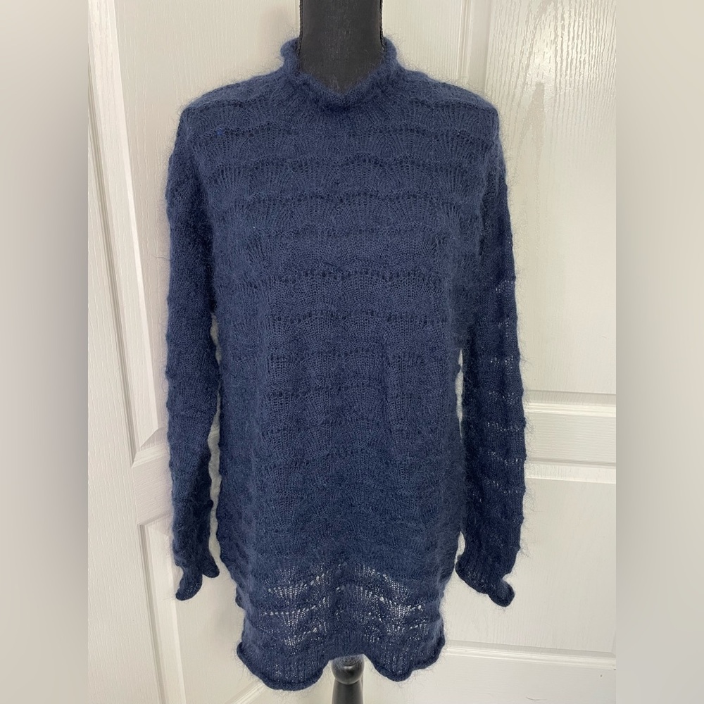 ESPRIT sweater pullover mohair long line oversized M navy blue open work knit L
